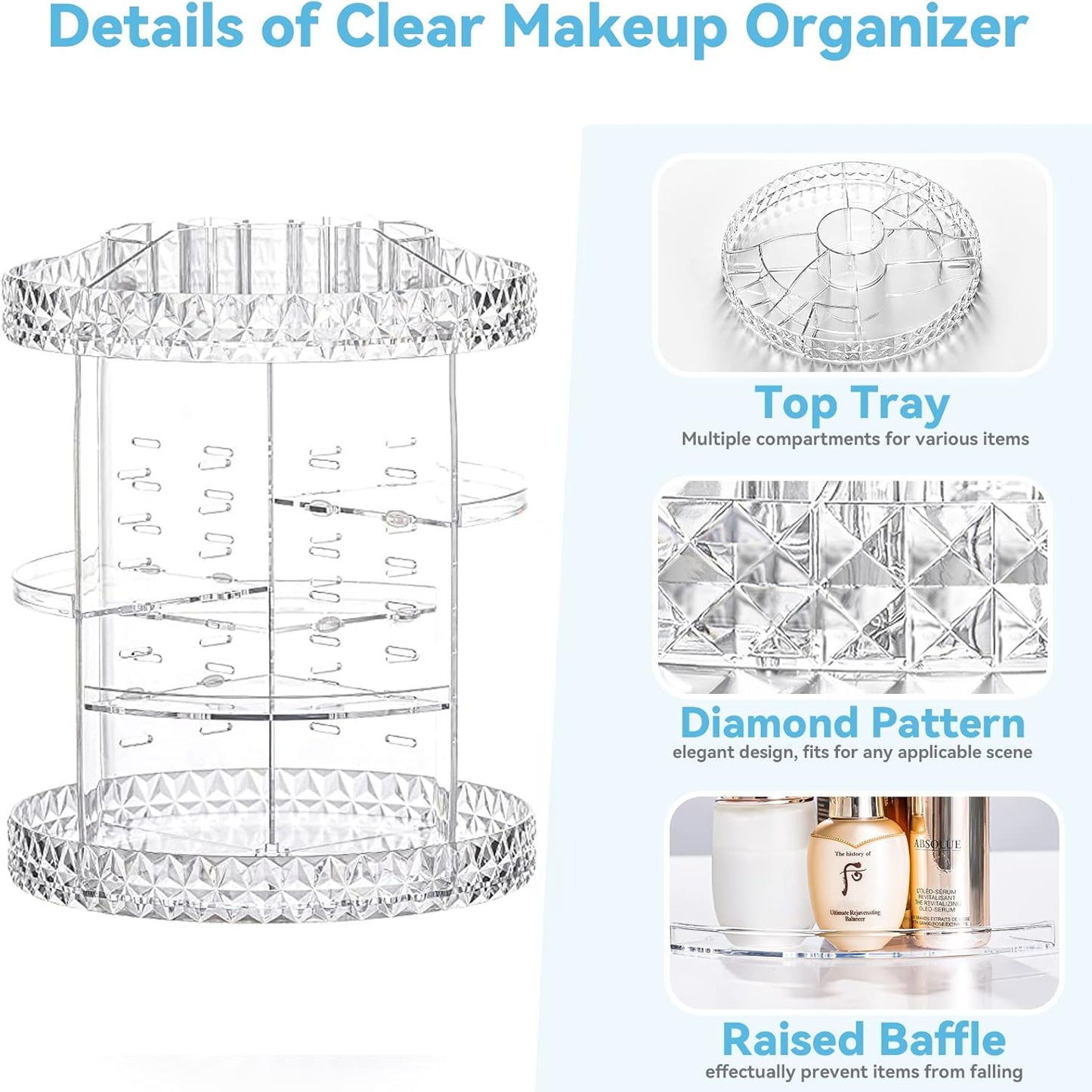 Rotating Makeup Organizer, Modern Minimalist, Clear, 360° Spinning, 6 Adjustable Layers, Large Capacity, Vanity Organizer