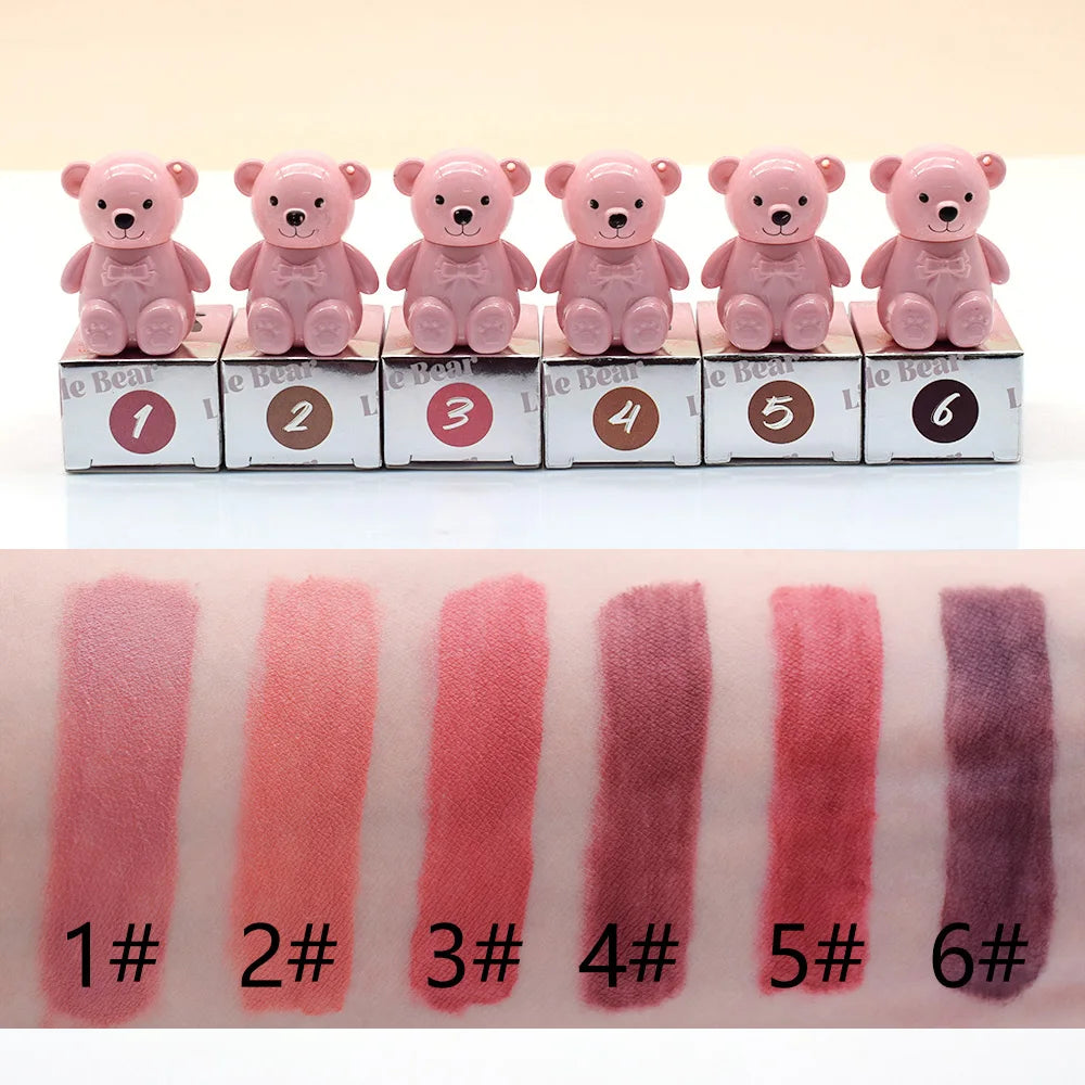 24Pcs Cute Bear Lip Gloss 6 Colors Set Woman Longlasting Nonstick Lip Tints Lips Makeup Bulk Wholesale