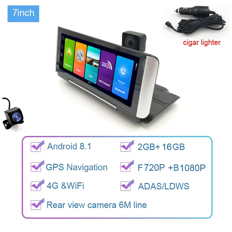 7 Inch 4G Android 8.1 Car DVR 2GB+32GB GPS Navigator ADAS Car Video Recorder Dual Lens Dashboard Camera Parking Monitor