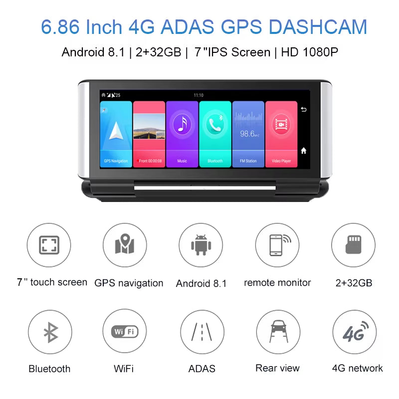 7 Inch 4G Android 8.1 Car DVR 2GB+32GB GPS Navigator ADAS Car Video Recorder Dual Lens Dashboard Camera Parking Monitor